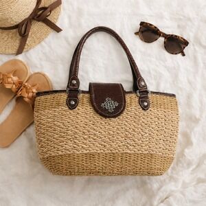 Straw Woven Tote Bag Brown Croc Trim Floral Lining Coastal Boho Beach